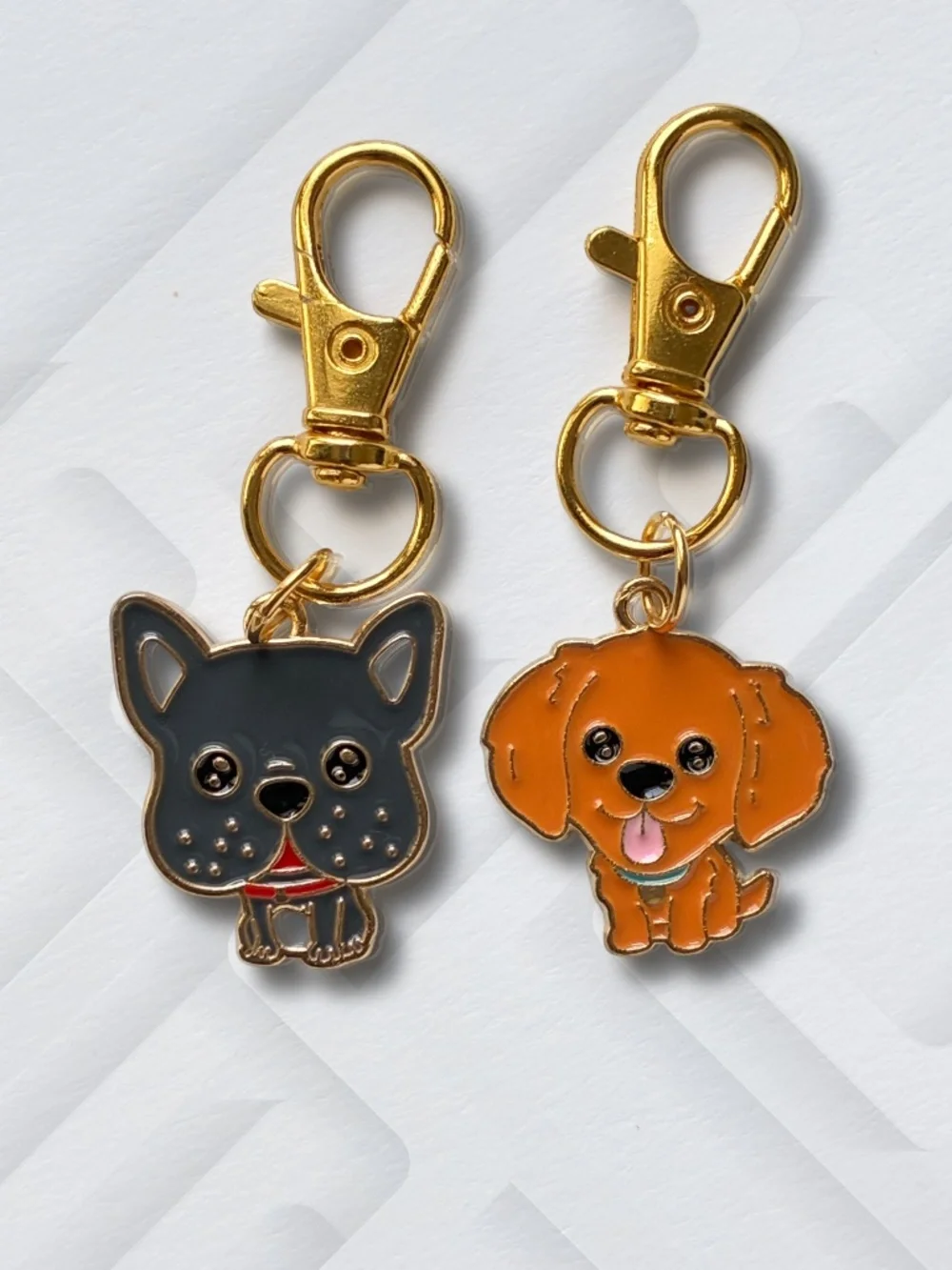 2 Keychain Charms | Cute Dog Enamel | Gold Metal Swivel Clasp Key Rings.